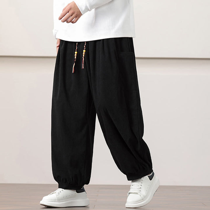 Buddha Stones Haremshose für Herren aus Cord in Volltonfarbe mit Kordelzug und Taschen - Schwarz - US/ UK/AU46, EU56 (5XL) - image 9