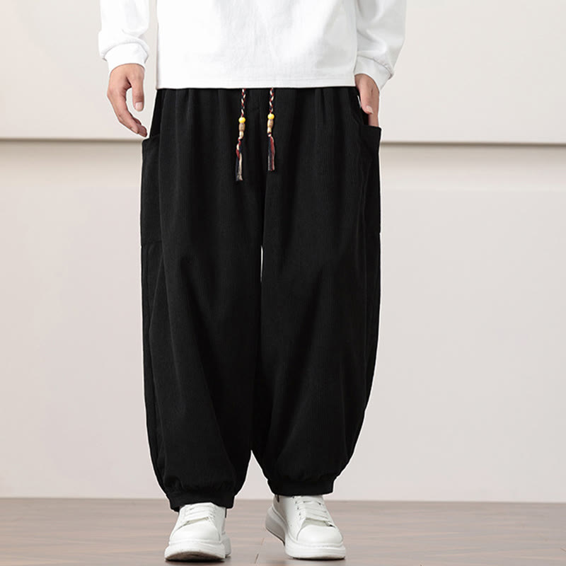 Buddha Stones Haremshose für Herren aus Cord in Volltonfarbe mit Kordelzug und Taschen - image 11