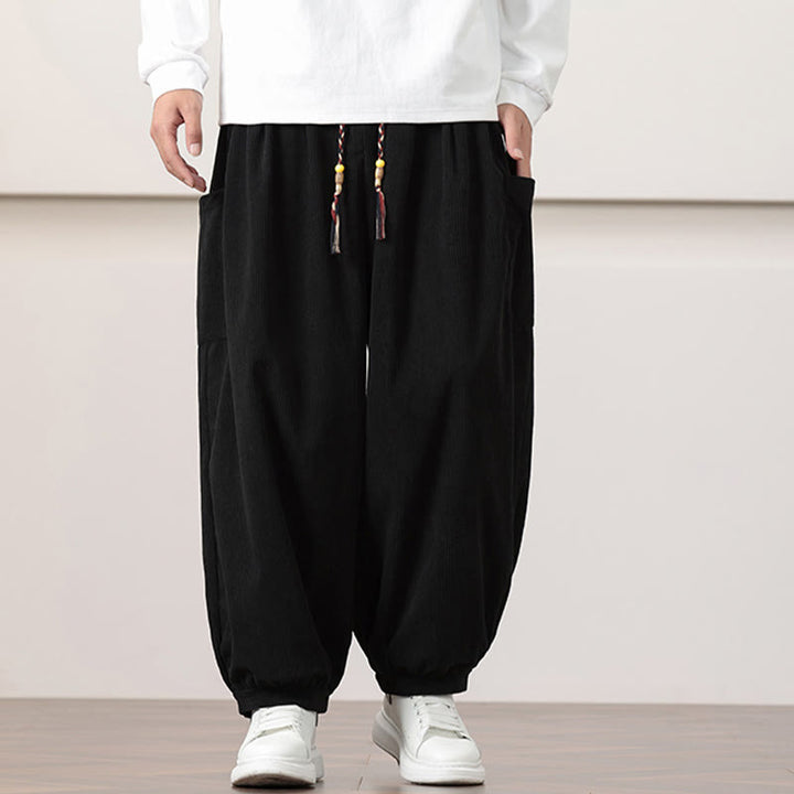 Buddha Stones Haremshose für Herren aus Cord in Volltonfarbe mit Kordelzug und Taschen - image 11
