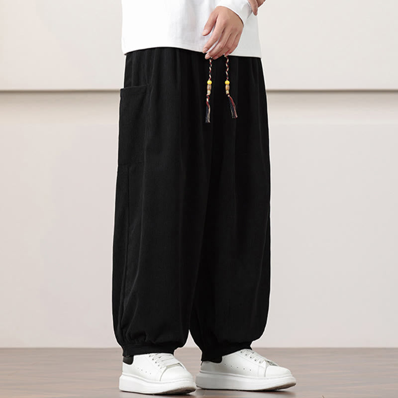 Buddha Stones Haremshose für Herren aus Cord in Volltonfarbe mit Kordelzug und Taschen - image 12