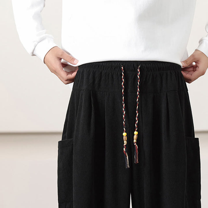 Buddha Stones Haremshose für Herren aus Cord in Volltonfarbe mit Kordelzug und Taschen - image 17