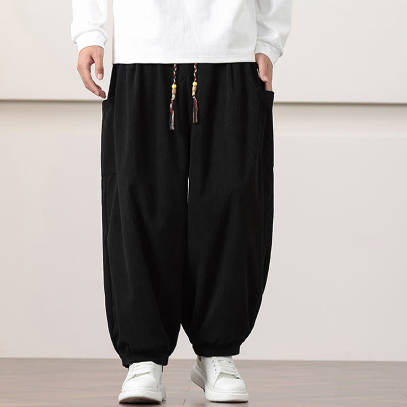 Buddha Stones Haremshose für Herren aus Cord in Volltonfarbe mit Kordelzug und Taschen - image 10