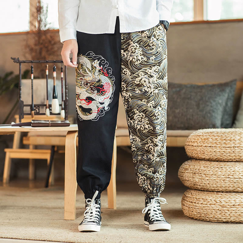 Buddha Stones Drachenmuster Zweifarbige Herrenhose mit Taschen - Schwarz - US/ UK/AU46，EU56 (5XL) - image 0