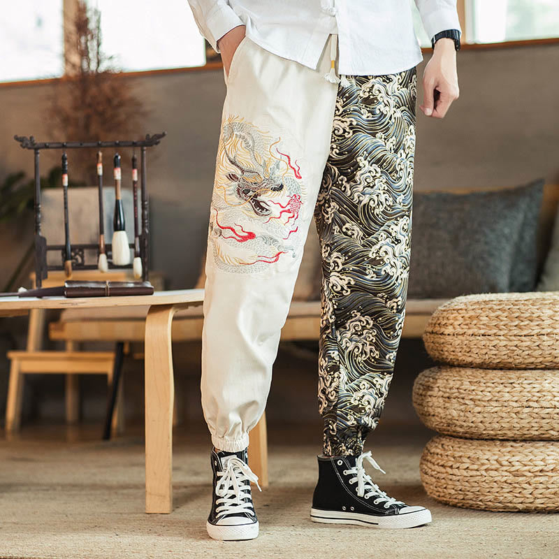 Buddha Stones Drachenmuster Zweifarbige Herrenhose mit Taschen - Weiß - US/ UK/AU46，EU56 (5XL) - image 8