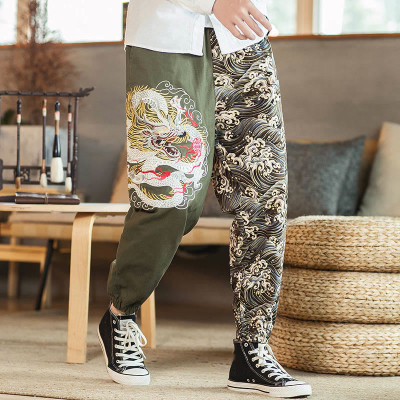 Buddha Stones Drachenmuster Zweifarbige Herrenhose mit Taschen