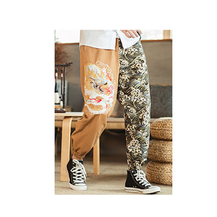 Buddha Stones Drachenmuster Zweifarbige Herrenhose mit Taschen