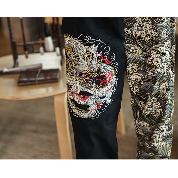 Buddha Stones Drachenmuster Zweifarbige Herrenhose mit Taschen - image 3
