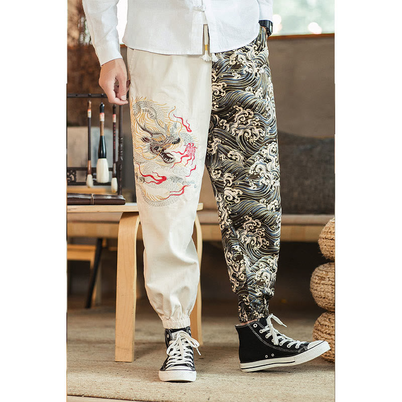 Buddha Stones Drachenmuster Zweifarbige Herrenhose mit Taschen