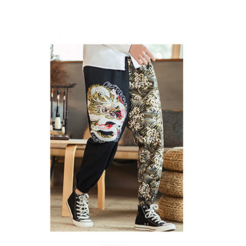 Buddha Stones Drachenmuster Zweifarbige Herrenhose mit Taschen