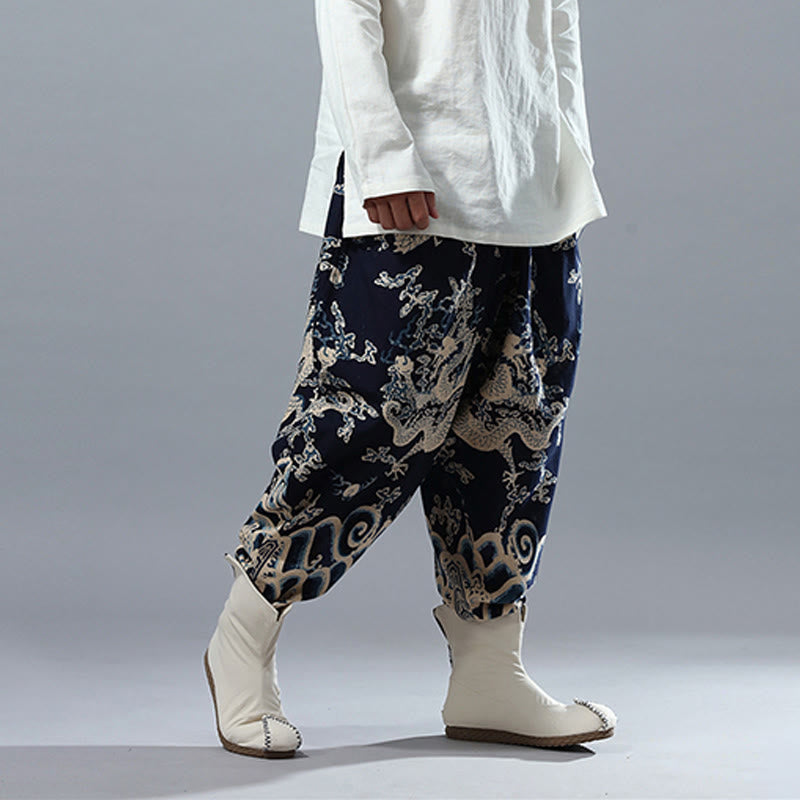 Herrenhose aus Baumwolle und Leinen mit Taschen und Buddha Stones, chinesischem Drachen-Aufdruck, elastischer Bund - image 4