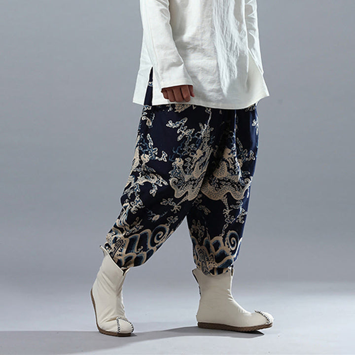 Herrenhose aus Baumwolle und Leinen mit Taschen und Buddha Stones, chinesischem Drachen-Aufdruck, elastischer Bund - image 4