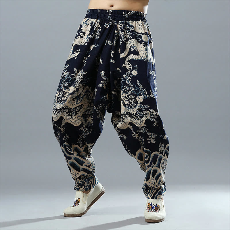 Herrenhose aus Baumwolle und Leinen mit Taschen und Buddha Stones, chinesischem Drachen-Aufdruck, elastischer Bund - image 1