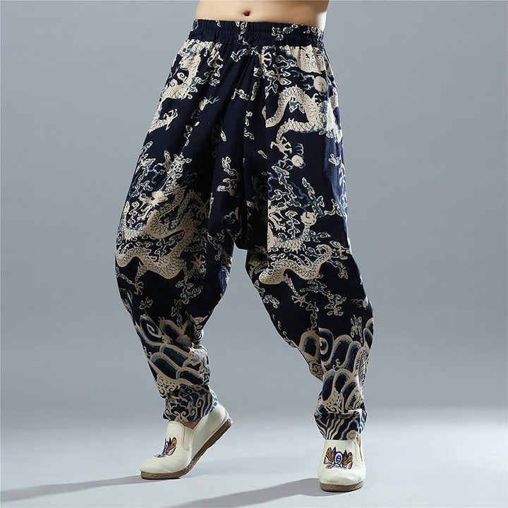Herrenhose aus Baumwolle und Leinen mit Taschen und Buddha Stones, chinesischem Drachen-Aufdruck, elastischer Bund - image 1