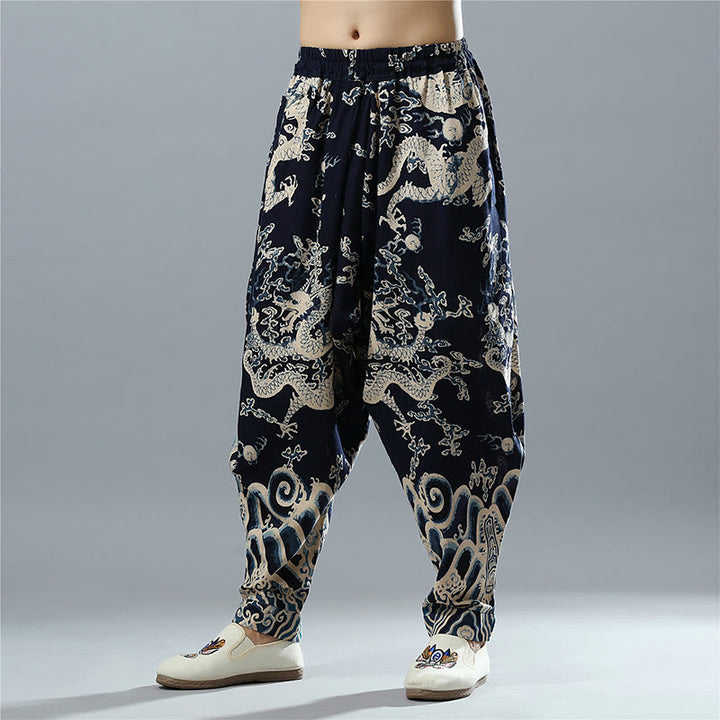 Herrenhose aus Baumwolle und Leinen mit Taschen und Buddha Stones, chinesischem Drachen-Aufdruck, elastischer Bund