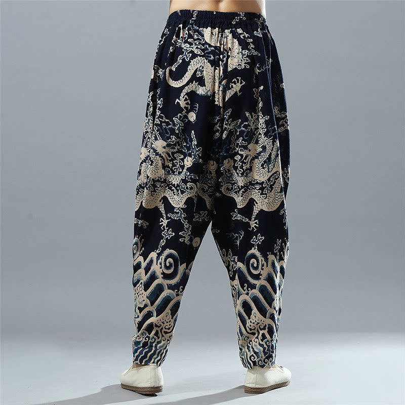 Herrenhose aus Baumwolle und Leinen mit Taschen und Buddha Stones, chinesischem Drachen-Aufdruck, elastischer Bund - image 2
