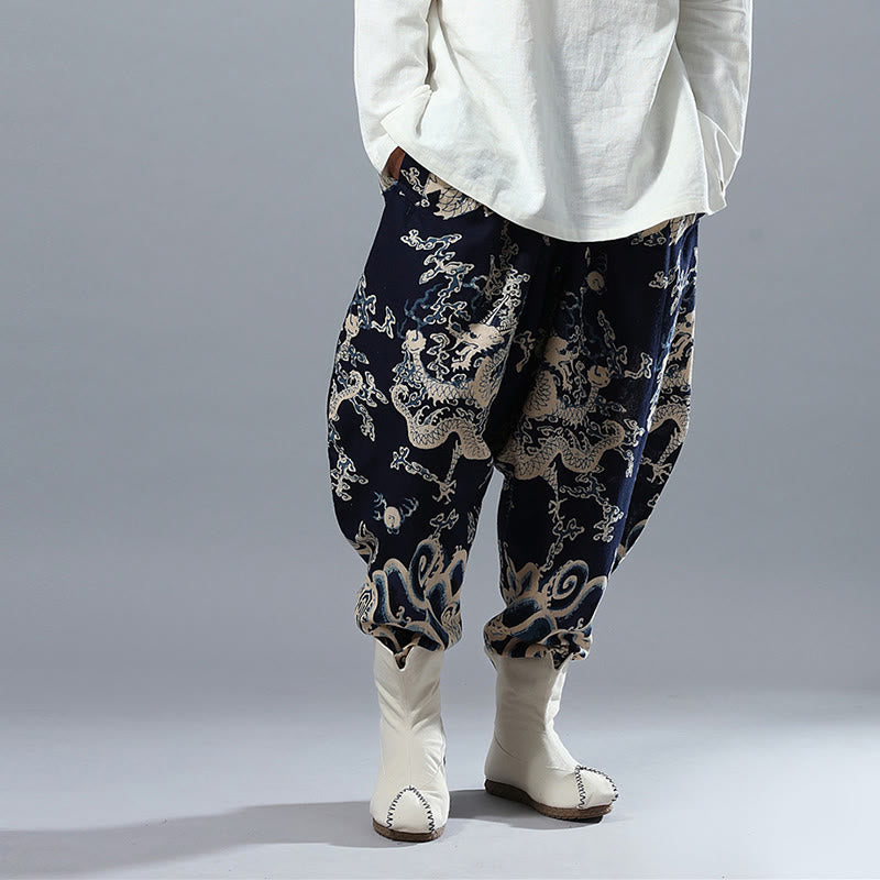 Herrenhose aus Baumwolle und Leinen mit Taschen und Buddha Stones, chinesischem Drachen-Aufdruck, elastischer Bund - image 5