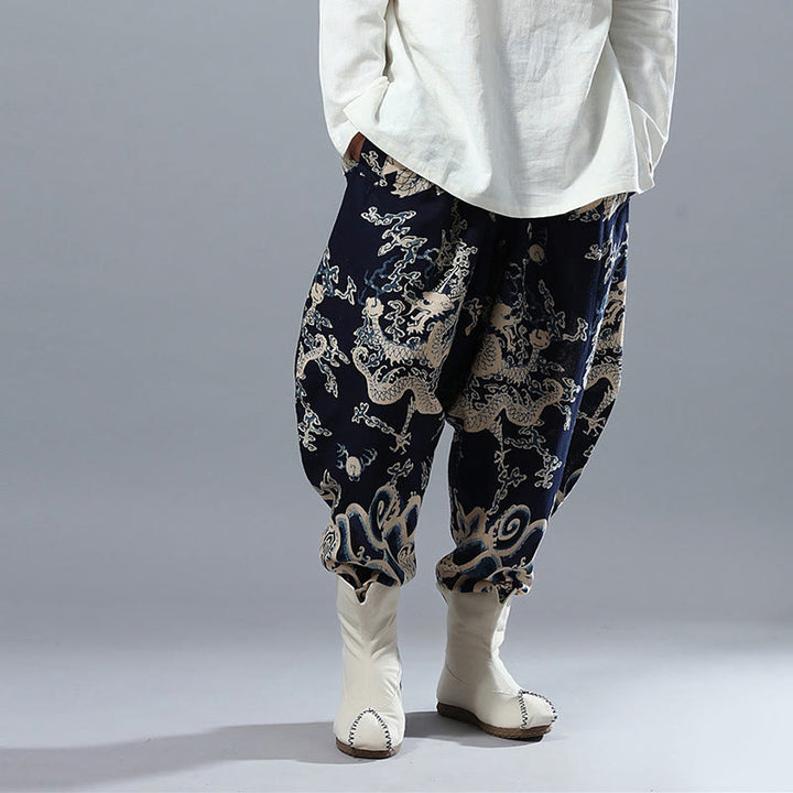 Herrenhose aus Baumwolle und Leinen mit Taschen und Buddha Stones, chinesischem Drachen-Aufdruck, elastischer Bund - image 5