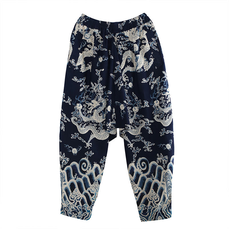 Herrenhose aus Baumwolle und Leinen mit Taschen und Buddha Stones, chinesischem Drachen-Aufdruck, elastischer Bund - image 6