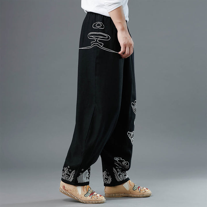 Buddha Stones , Wolken, elastische Taille, ethnische Baumwolle, Herrenhose mit Taschen