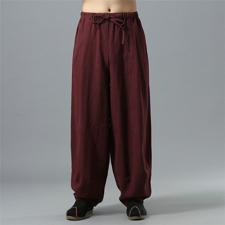 Buddha Stones Lässige, einfarbige Herrenhose aus Baumwollleinen mit Kordelzug und Taschen - Dunkelrot - US/ UK/AU40，EU50 (2XL) - image 17