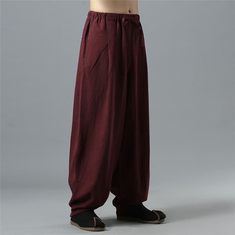 Buddha Stones Lässige, einfarbige Herrenhose aus Baumwollleinen mit Kordelzug und Taschen - image 23