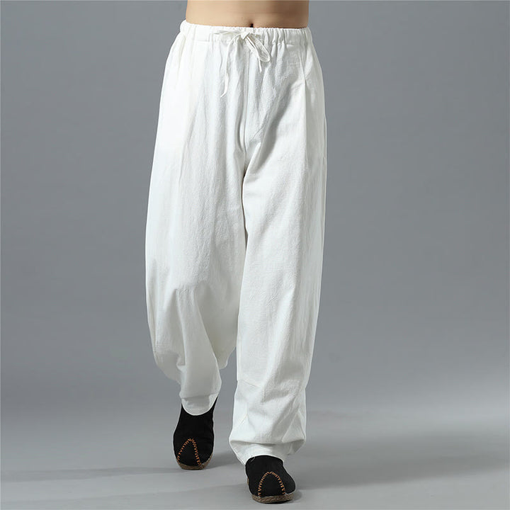 Buddha Stones Lässige, einfarbige Herrenhose aus Baumwollleinen mit Kordelzug und Taschen - image 3