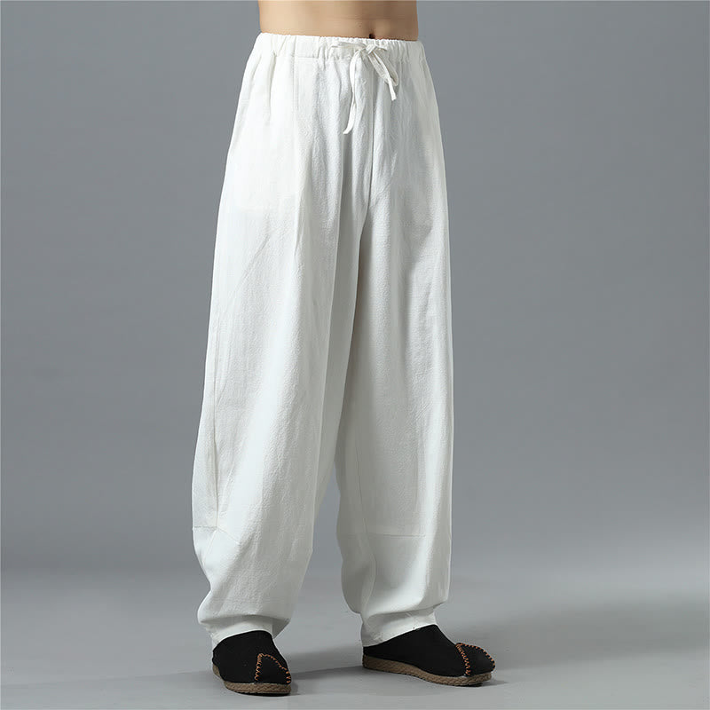 Buddha Stones Lässige, einfarbige Herrenhose aus Baumwollleinen mit Kordelzug und Taschen - image 4