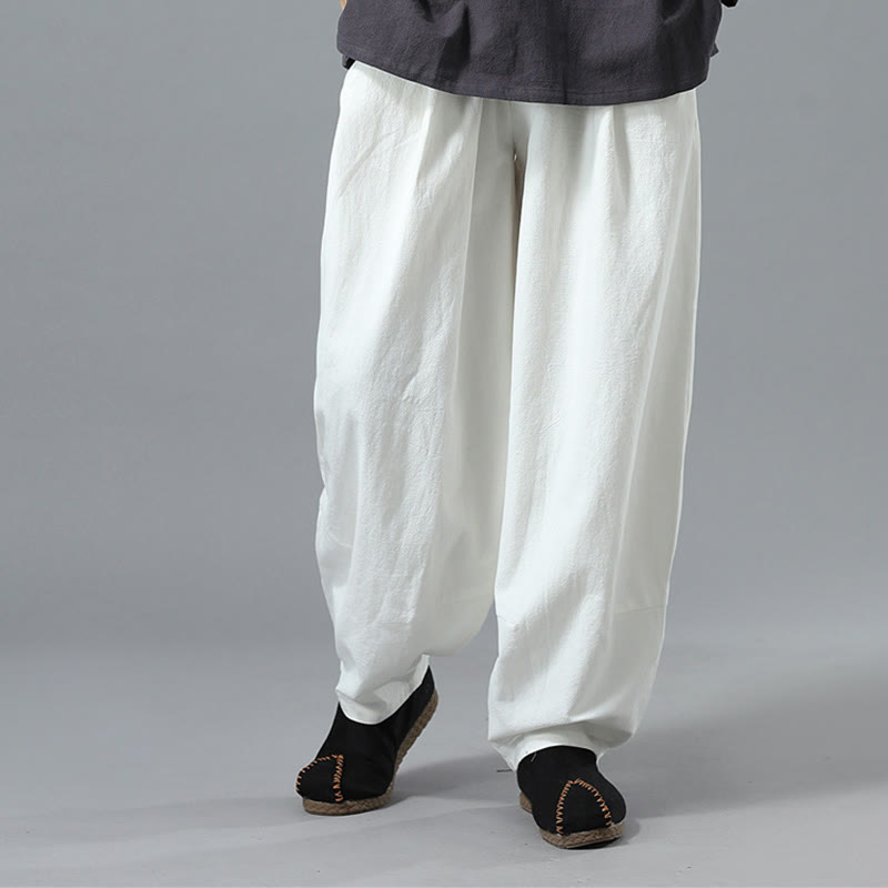 Buddha Stones Lässige, einfarbige Herrenhose aus Baumwollleinen mit Kordelzug und Taschen - image 8