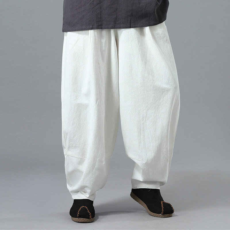 Buddha Stones Lässige, einfarbige Herrenhose aus Baumwollleinen mit Kordelzug und Taschen - image 9
