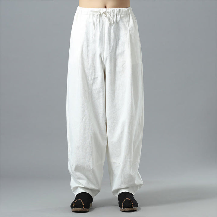 Buddha Stones Lässige, einfarbige Herrenhose aus Baumwollleinen mit Kordelzug und Taschen - Weiß - US/ UK/AU40, EU50 (2XL) - image 1