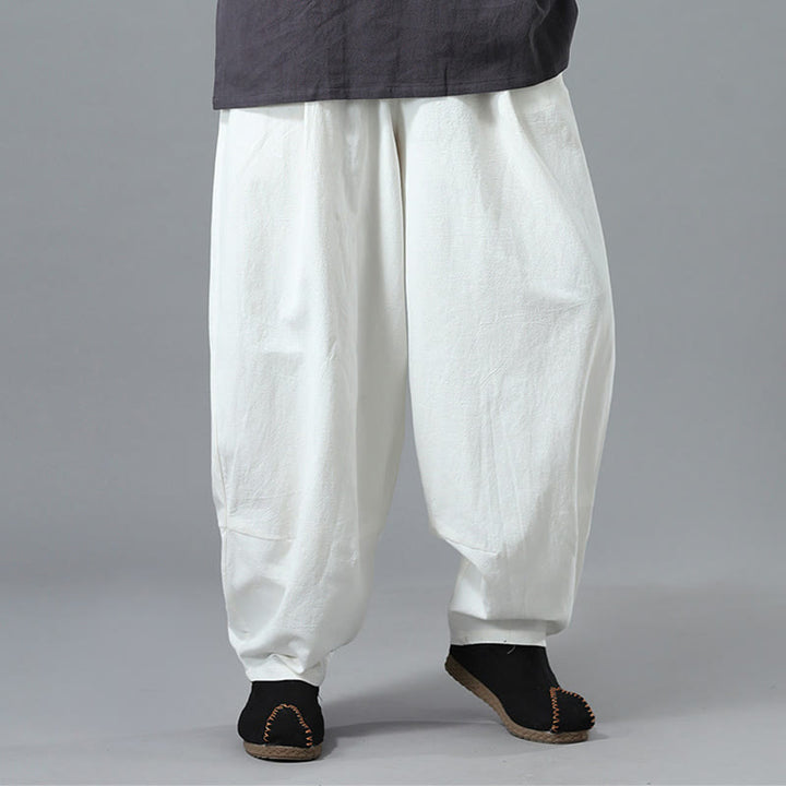 Buddha Stones Lässige, einfarbige Herrenhose aus Baumwollleinen mit Kordelzug und Taschen - image 9