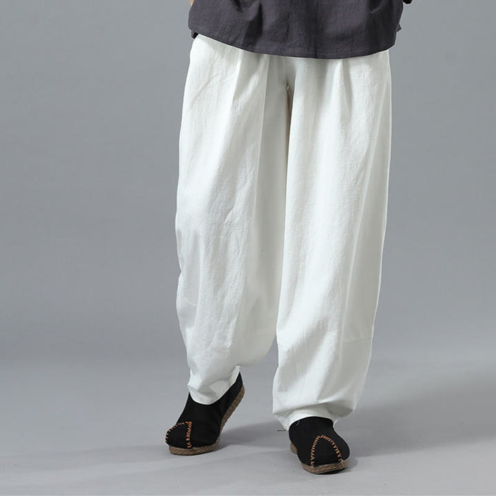 Buddha Stones Lässige, einfarbige Herrenhose aus Baumwollleinen mit Kordelzug und Taschen - image 8