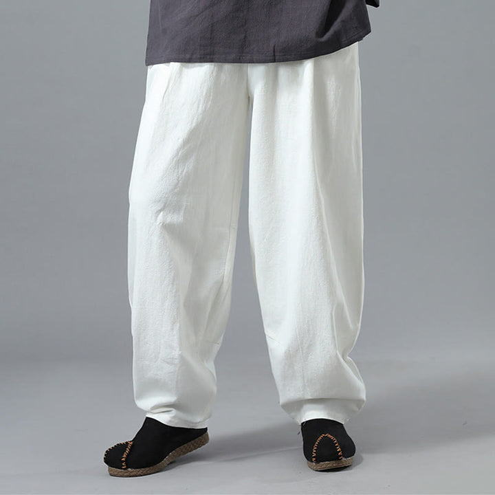 Buddha Stones Lässige, einfarbige Herrenhose aus Baumwollleinen mit Kordelzug und Taschen - image 7