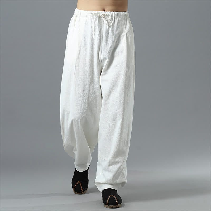 Buddha Stones Lässige, einfarbige Herrenhose aus Baumwollleinen mit Kordelzug und Taschen - image 3