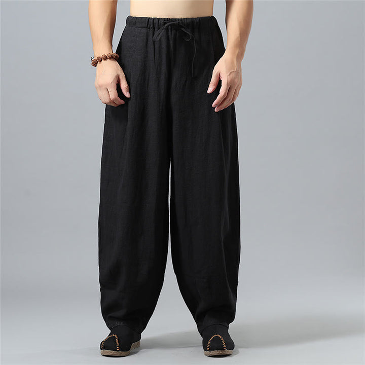 Buddha Stones Lässige, einfarbige Herrenhose aus Baumwollleinen mit Kordelzug und Taschen - Schwarz - US/ UK/AU40，EU50 (2XL) - image 10