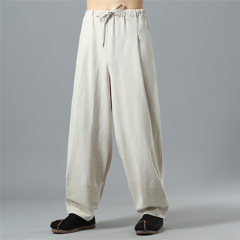 Buddha Stones Lässige, einfarbige Herrenhose aus Baumwollleinen mit Kordelzug und Taschen - Beige - US/ UK/AU40，EU50 (2XL) - image 25