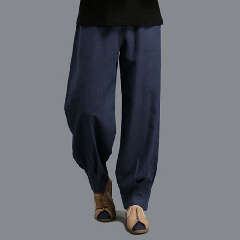 Buddha Stones Lässige, einfarbige, elastische Herrenhose aus Ramie-Leinen mit Kordelzug und Taschen - image 10