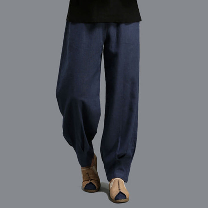 Buddha Stones Lässige, einfarbige, elastische Herrenhose aus Ramie-Leinen mit Kordelzug und Taschen - image 10