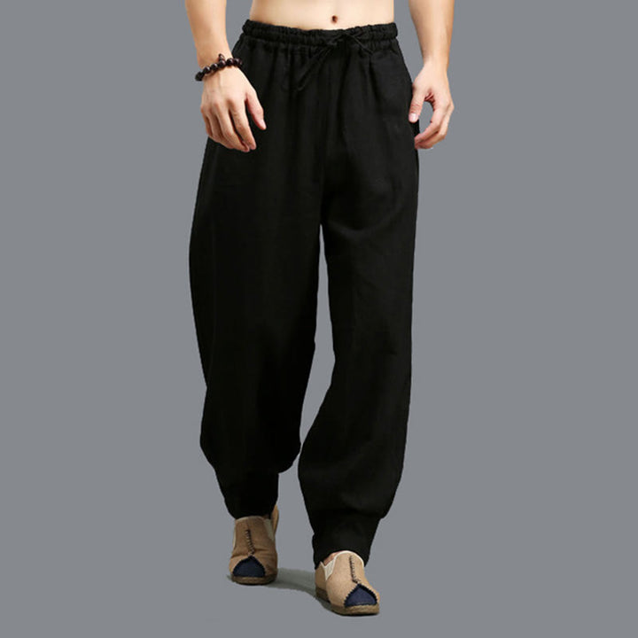 Buddha Stones Lässige, einfarbige, elastische Herrenhose aus Ramie-Leinen mit Kordelzug und Taschen - image 16