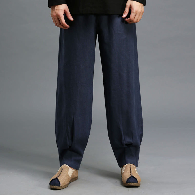 Buddha Stones Lässige, einfarbige, elastische Herrenhose aus Ramie-Leinen mit Kordelzug und Taschen - image 11