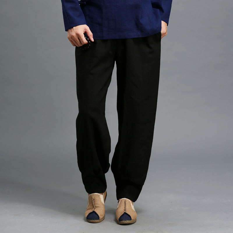 Buddha Stones Lässige, einfarbige, elastische Herrenhose aus Ramie-Leinen mit Kordelzug und Taschen - image 20