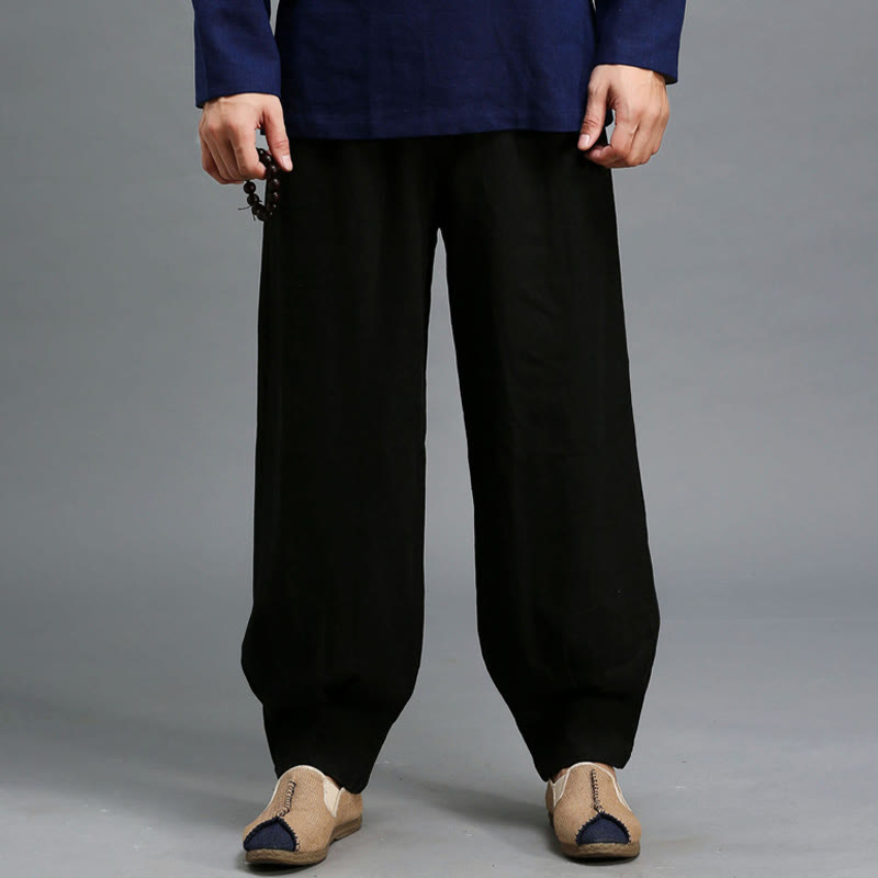 Buddha Stones Lässige, einfarbige, elastische Herrenhose aus Ramie-Leinen mit Kordelzug und Taschen - image 19