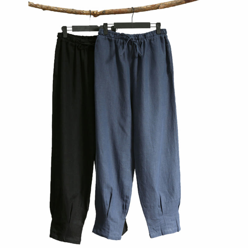 Buddha Stones Lässige, einfarbige, elastische Herrenhose aus Ramie-Leinen mit Kordelzug und Taschen - image 1