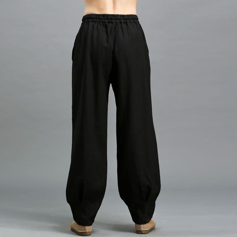 Buddha Stones Lässige, einfarbige, elastische Herrenhose aus Ramie-Leinen mit Kordelzug und Taschen - image 15