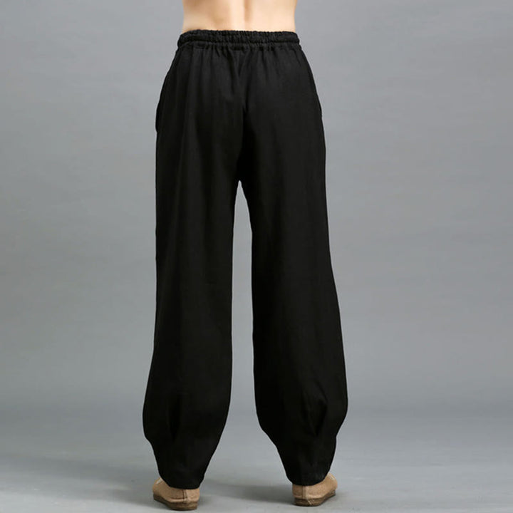 Buddha Stones Lässige, einfarbige, elastische Herrenhose aus Ramie-Leinen mit Kordelzug und Taschen - image 15