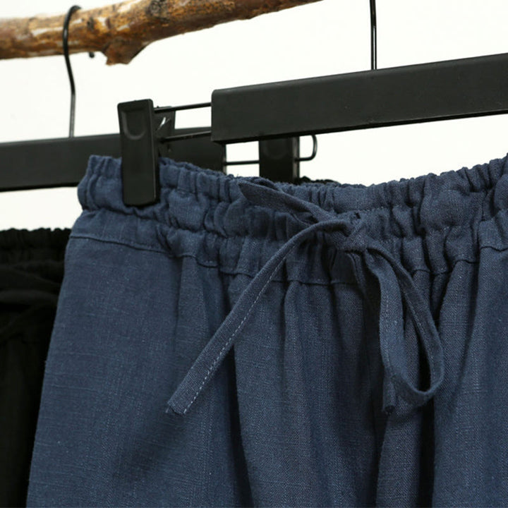 Buddha Stones Lässige, einfarbige, elastische Herrenhose aus Ramie-Leinen mit Kordelzug und Taschen - image 22