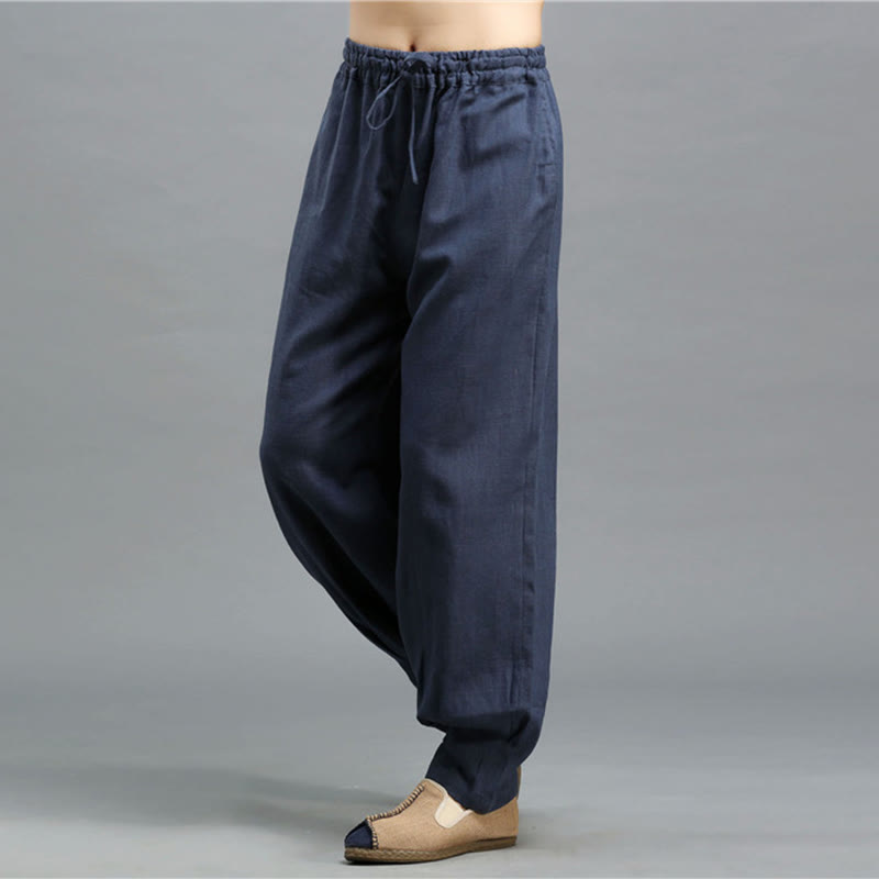 Buddha Stones Lässige, einfarbige, elastische Herrenhose aus Ramie-Leinen mit Kordelzug und Taschen - image 8