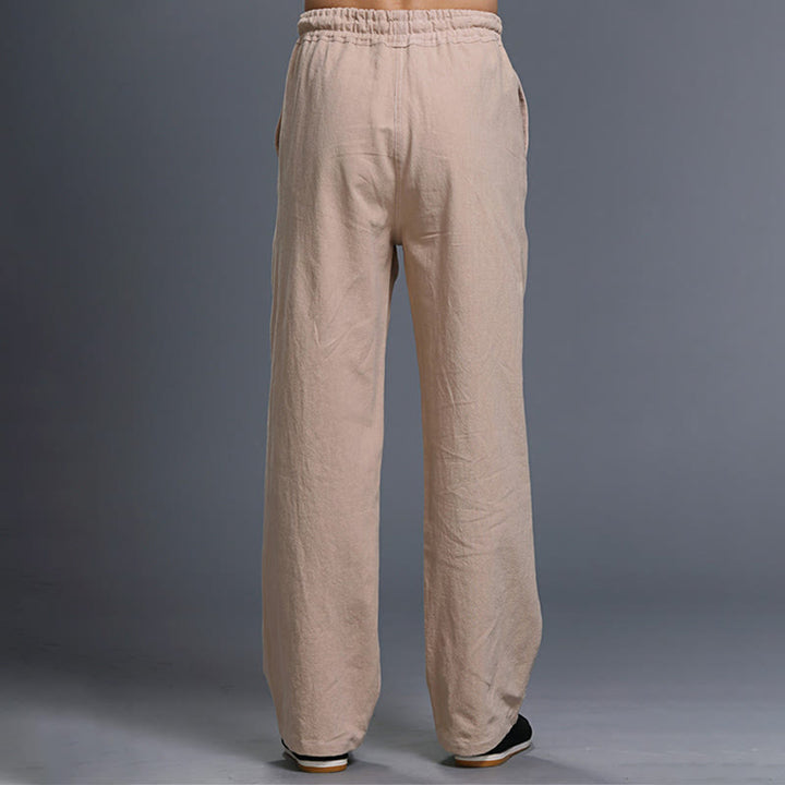 Buddha Stones Lässige, einfarbige Herrenhose aus Leinen mit Kordelzug und Taschen - image 30