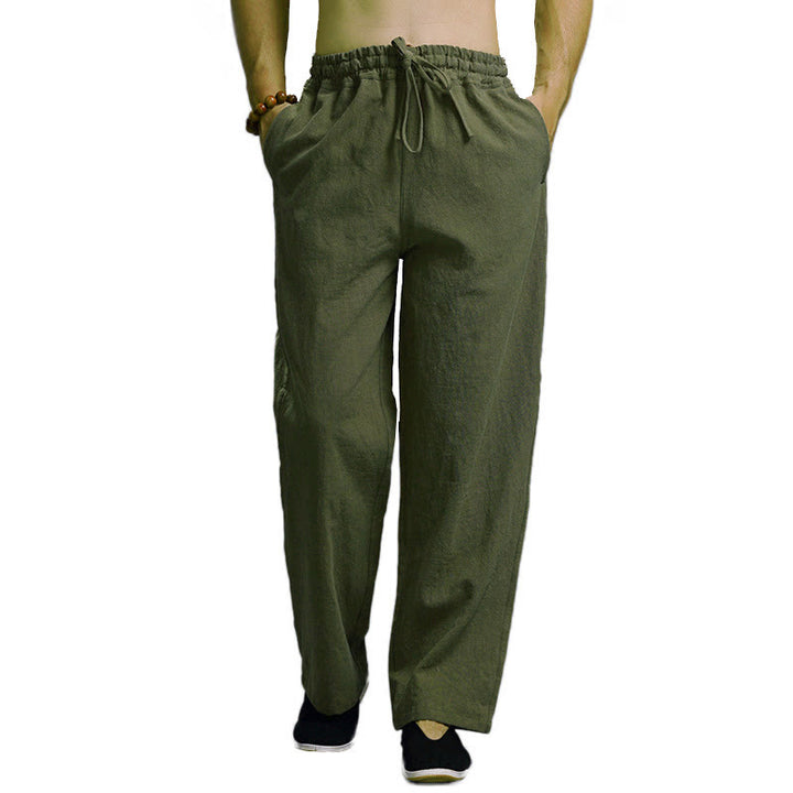 Buddha Stones Lässige, einfarbige Herrenhose aus Leinen mit Kordelzug und Taschen - image 42
