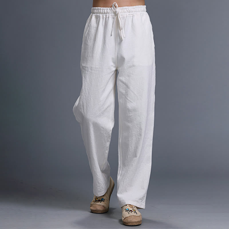 Buddha Stones Lässige, einfarbige Herrenhose aus Leinen mit Kordelzug und Taschen - image 1